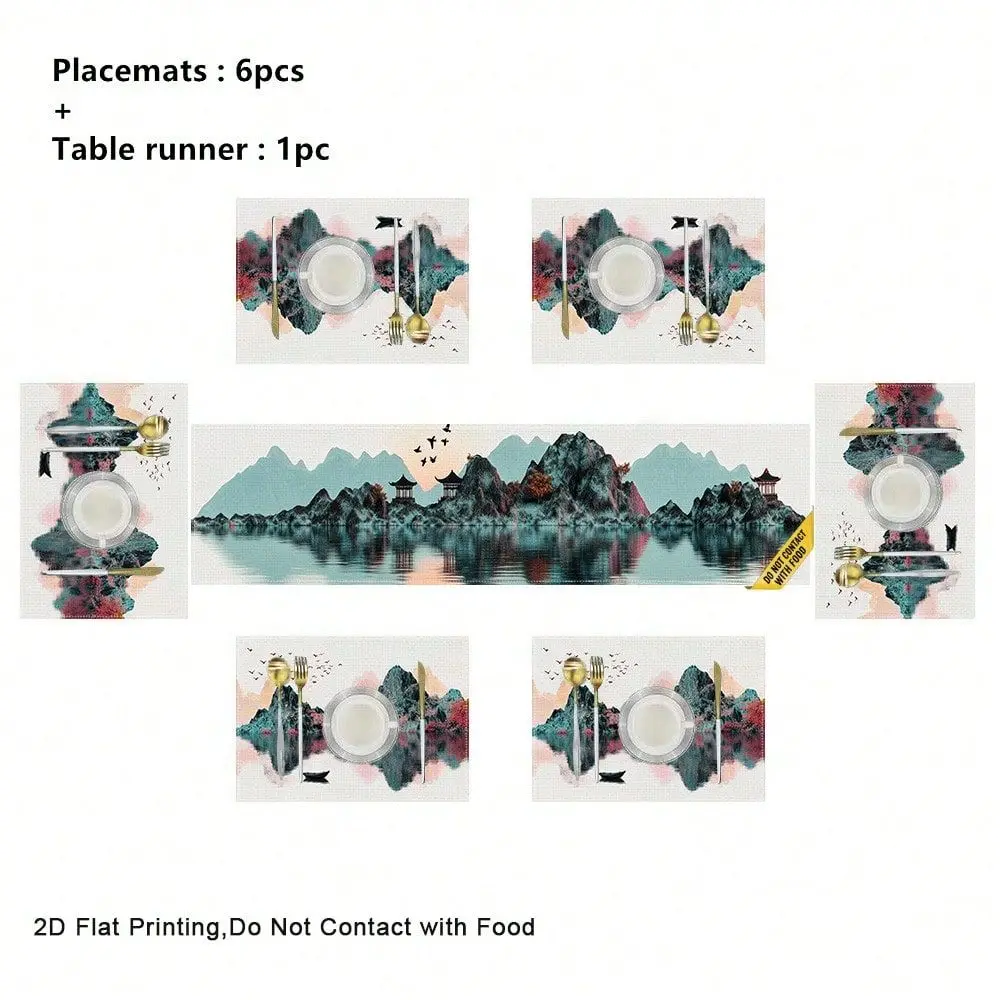 

Pcs Rectangle Abstract And Colorful Landscape Of Mountains Lakes And Sailboats Linen Placemats And Table Flag Sets, Classic Tab
