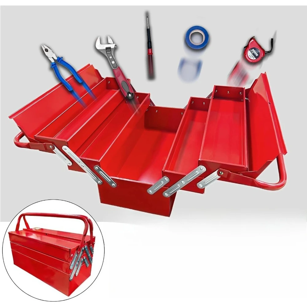 18-inch metal cantilever toolbox, three-layer five-compartment portable folding tool box organizer, suitable for home workshops