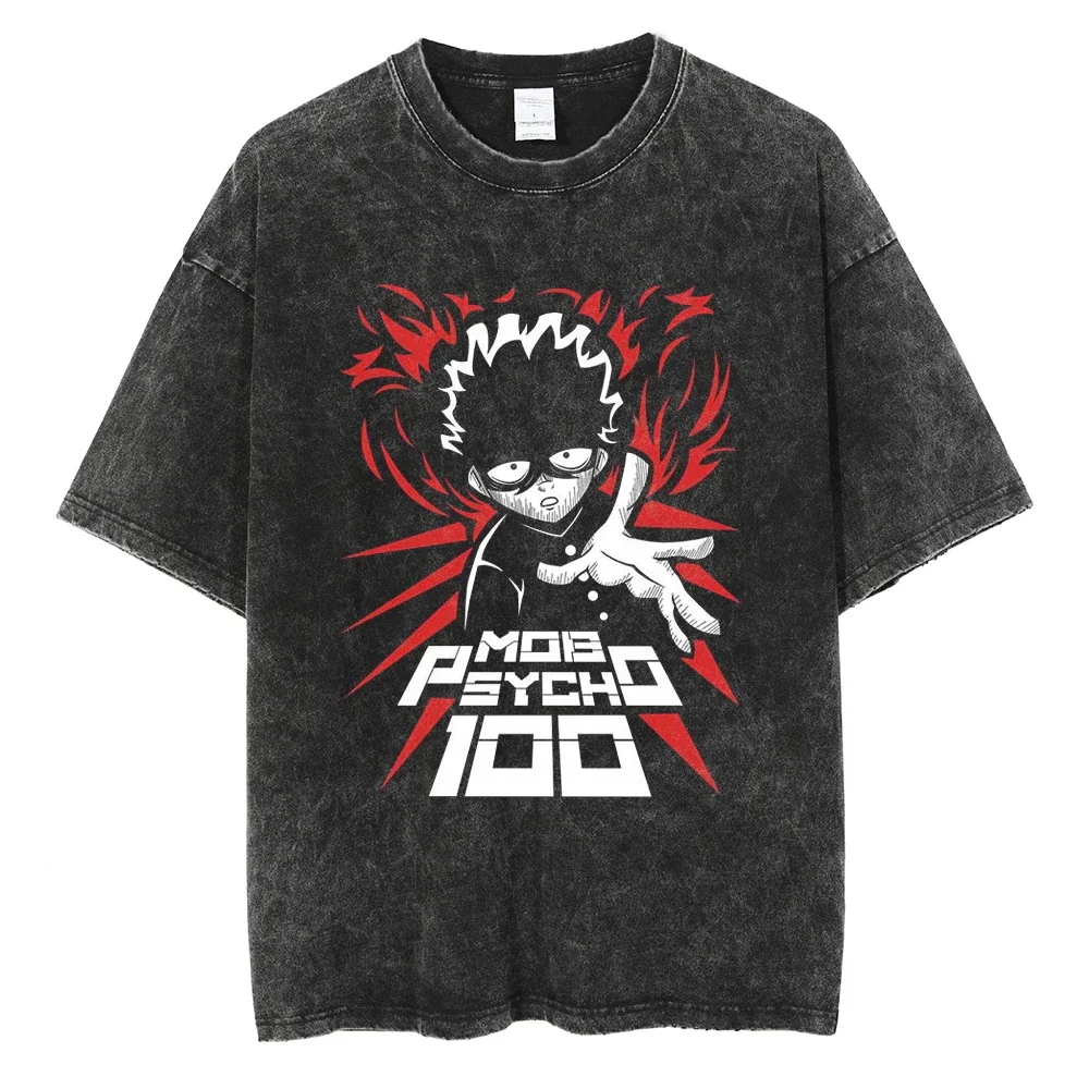 2026 summer Mob Psycho 100 Shigeo Kageyama Washed Anime T-shirt Harajuku Streetwear Oversized Short Sleeve Tee view 2