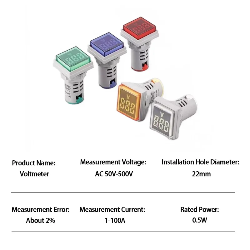 22mm AC50-380V 100A LED Digital Voltmeter Ammeter Thermometer Signal Voltage Current Indicator Light Tester Detector Lamp Pilot