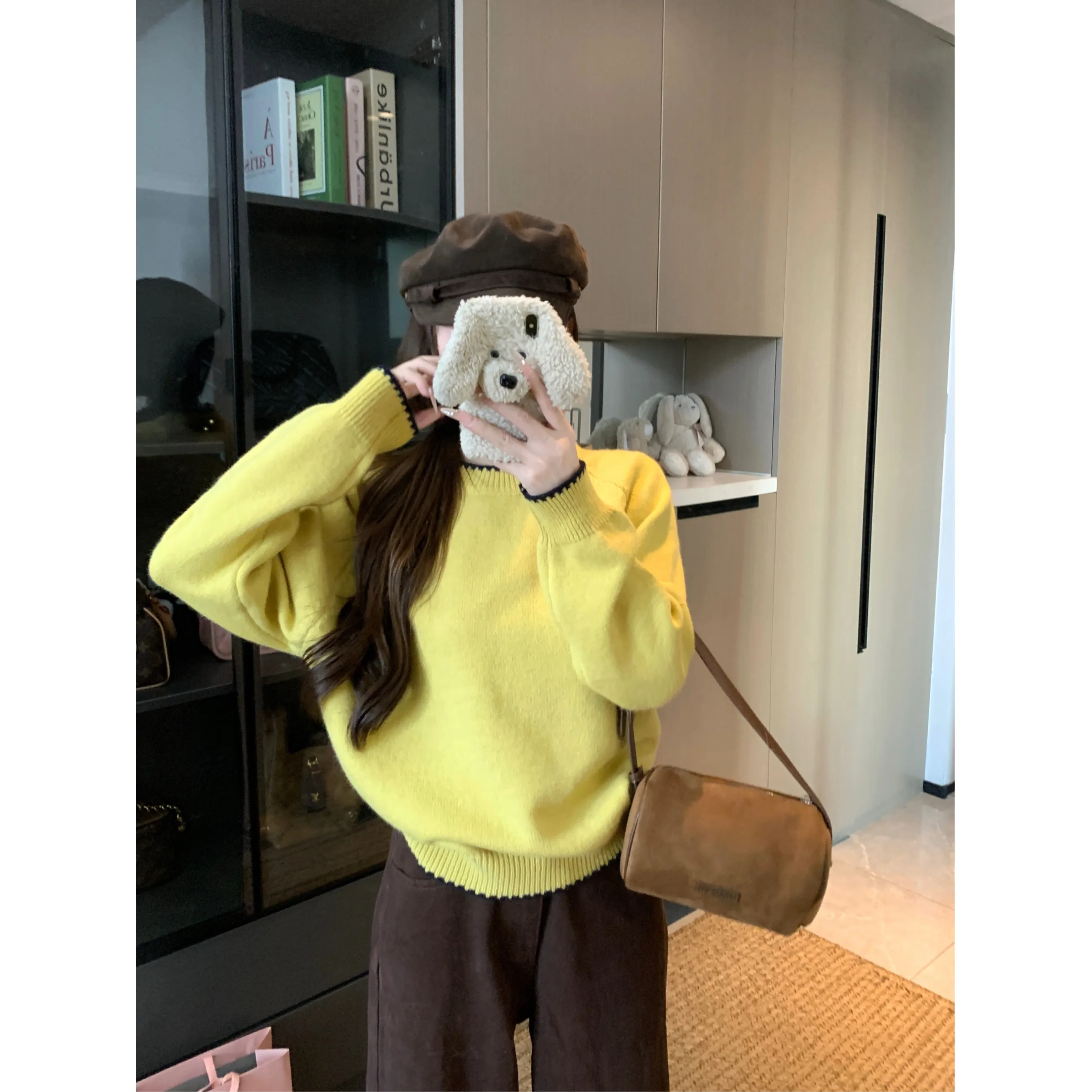 

Retro Soft Long Sve round Ne Pullover Sweater Women's Autumn Winter Loose Fit Slimming Knitted Top Commute Sle