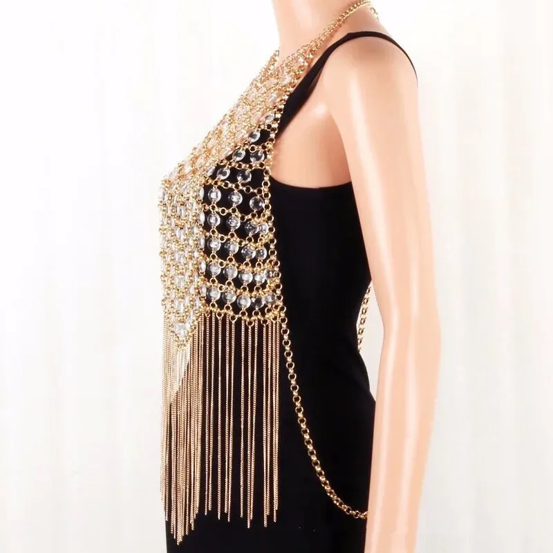 สร้อยคอแฟชั่นผู้หญิงแบบหลายชั้นประดับลูกปัดหนักสำหรับงานแต่งงาน พร้อมพู่ห้อยและสายคล้องไหล่ในตัว