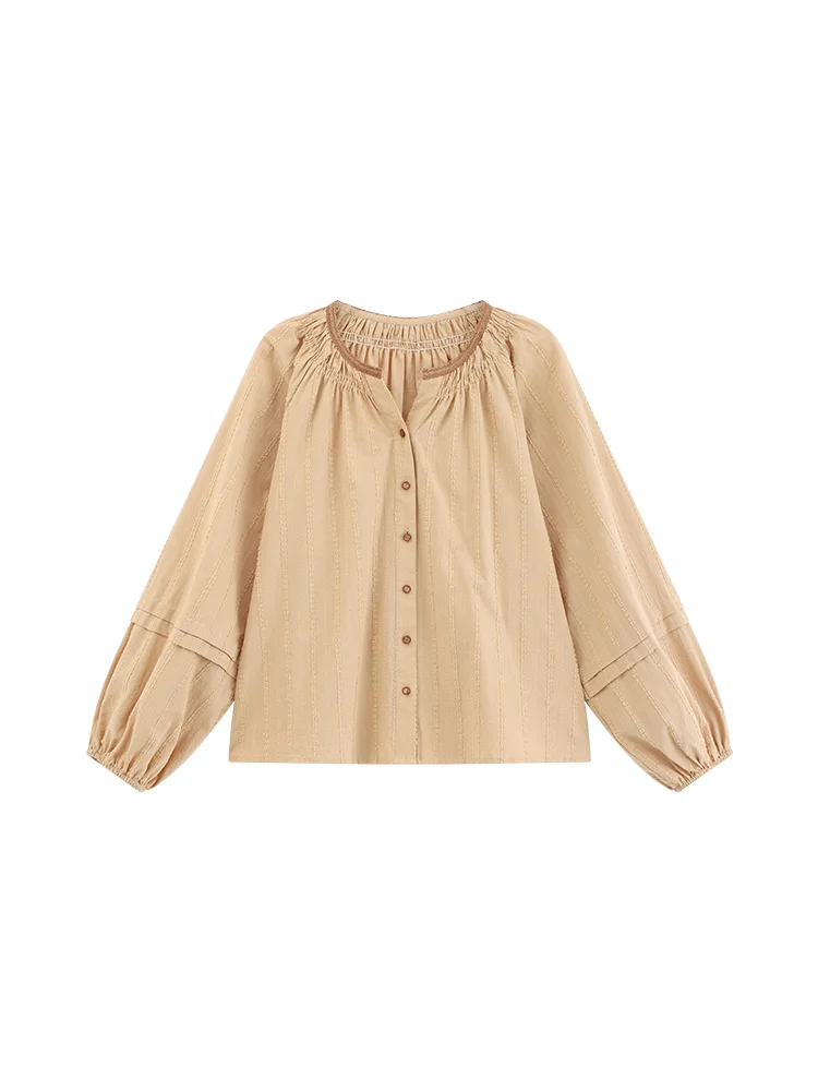 French Lace Trim Lantern Sleeve Blouse Women Spring&Fall Loose Fit Round Neck Shirt Vintage Contrast Design Casual Elegant Tops