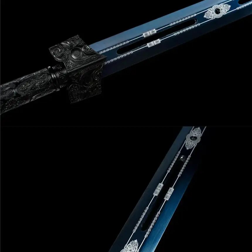 105cm Ice Soul Baked blue Han Sword Medieval katana Battle Preparation full tang Silver Black Devil Edge Cutting Ninja Kung Fu M