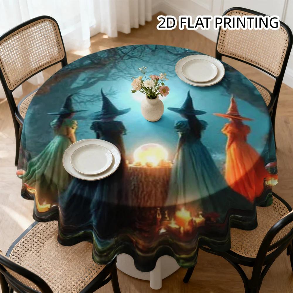 A round tablecloth, featuring a design of a vibrant and mysterious witch gathering under the moonlight.zyc