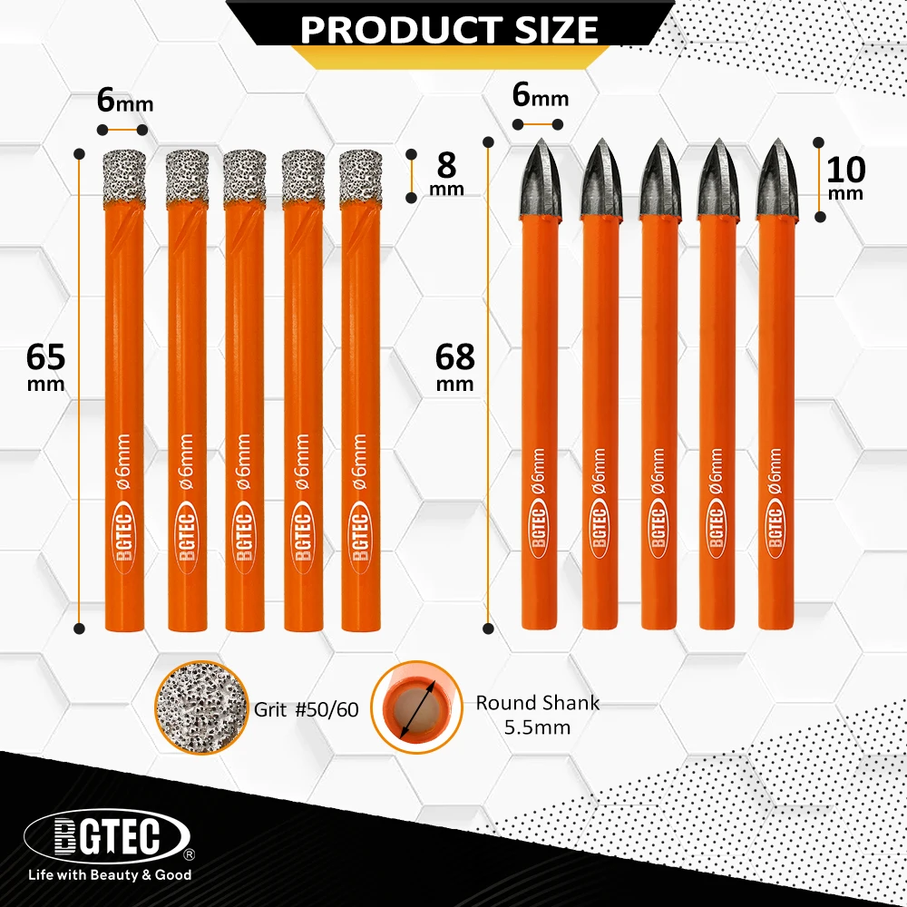 BGTEC 10pcs/Box Diamond Drill Bits Core 6mm Round Shank Core Bits+Cross Hole Opener Drilling Granite Porcelain Tile Stoneware