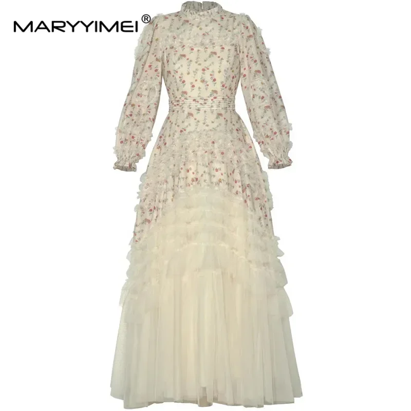 MARYYIMEI Autumn and Winter Women's Dress Stand collar Lantern Sleeved Mesh Splicing Edible Tree Fungus Edge Ball Gown Dresses