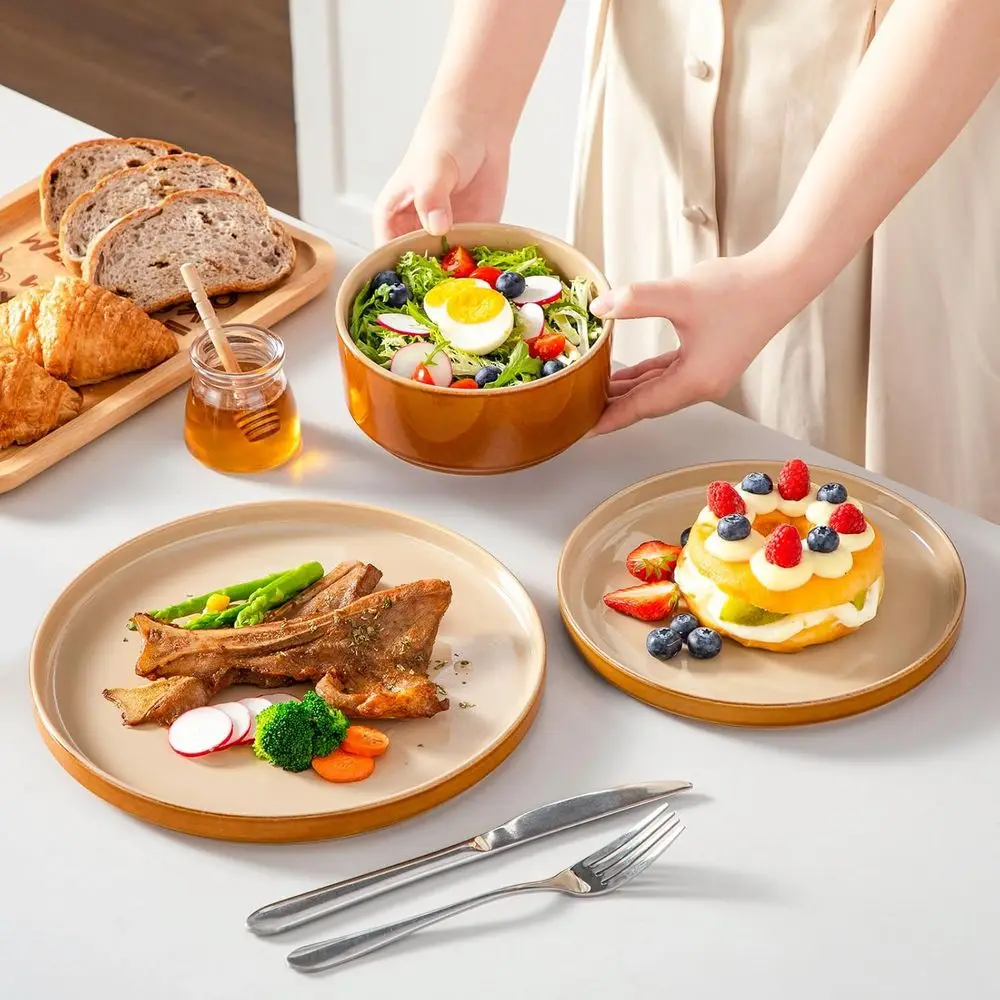 12 Pieces Brown Dinnerware Sets, Reactive Glaze Dishes Set, 4, Dishwasher and Microwave Safe