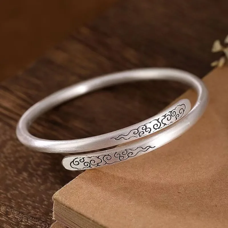 999 Silver Auspicious Clouds Bracelet Women's Vintage Open Jewelry Simple Style Overlapping Fashion Bangle