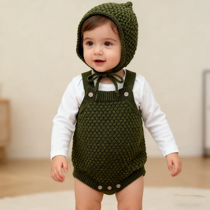 جديد ربيع 2026 رومبير محبوك للأطفال الأولاد والبنات رومبير للأطفال الرضع بدون أكمام بلون سادة بدلة محبوكة + قبعة ملابس أطفال #1