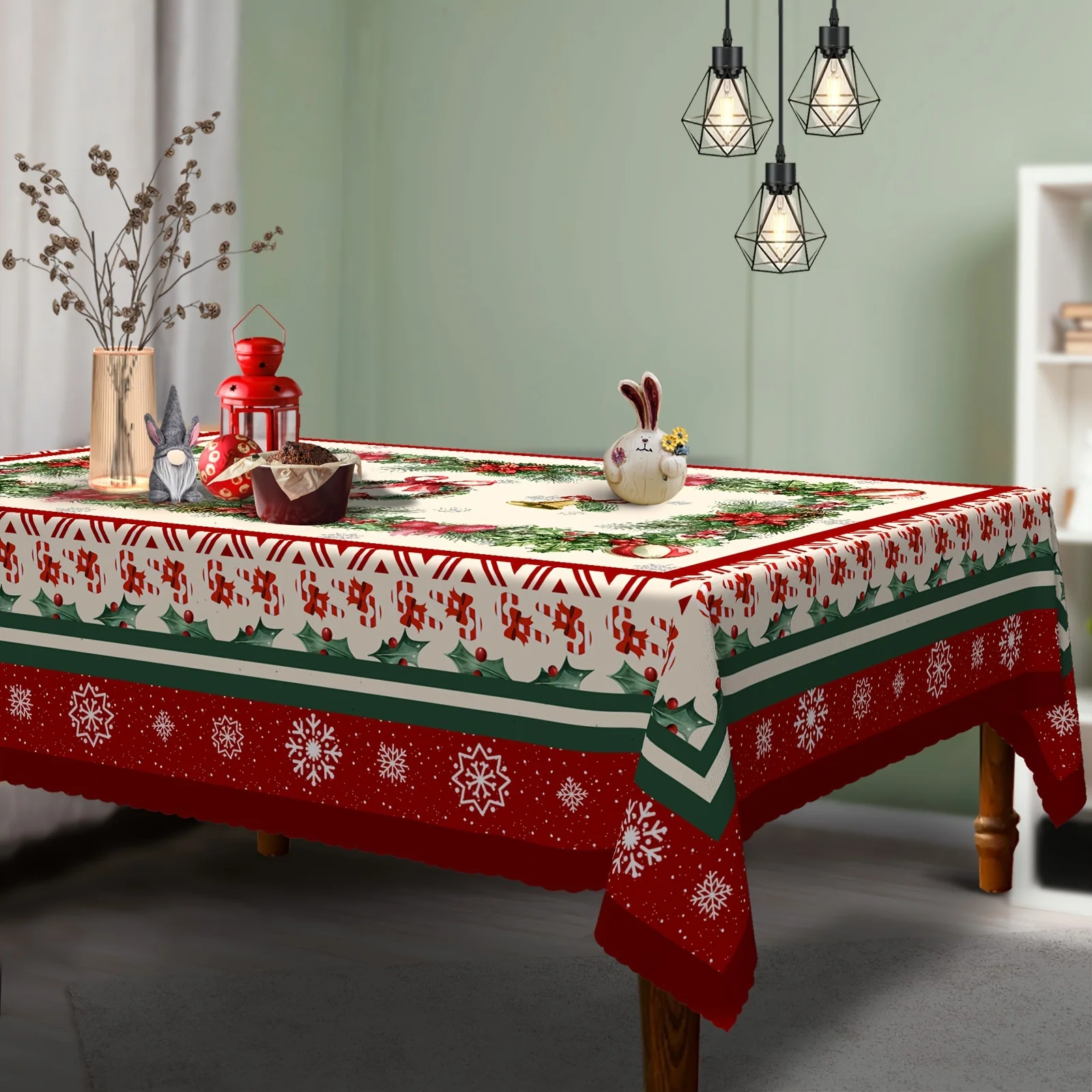 Christmas Festive Snowflake Botanical Wreath Pattern Rectangle Tablecloth Table Decor Waterproof Tablecloth Xmas Decorations