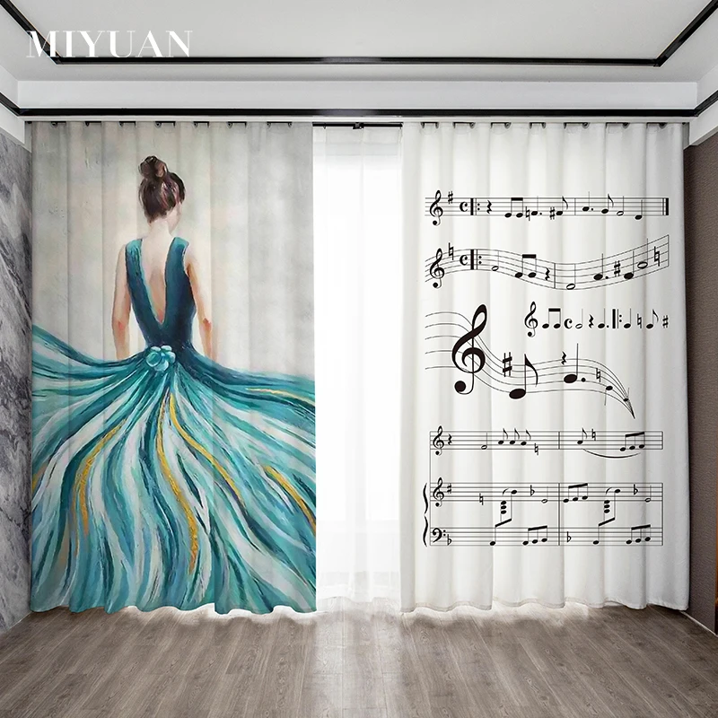 Modern New Elegant Style Beautiful Dancer Music Notes Printed Fabric Curtains For Living Room Bedroom Luxury Restaurant Drapes