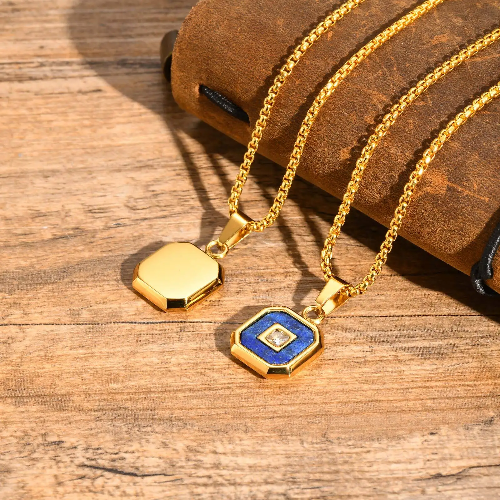 Square Natural Stone Pendant Necklace For Both Men And Women, Unisex Stainless Steel Necklace