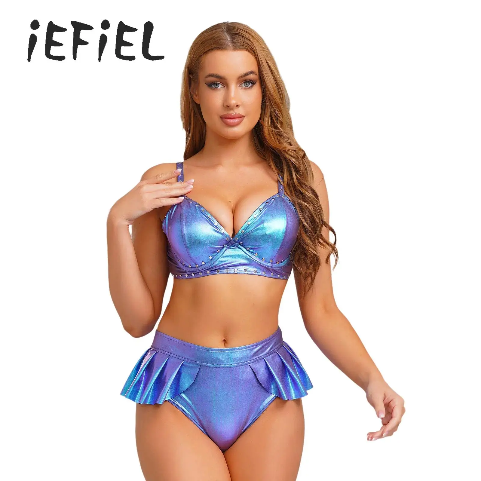 

Metallic Shiny Bralett Briefs 2 Piece Swimsuit for Women Sexy Rave Swimwear Rivets Bra Bikini Set Beachwear Pool Party Outfits