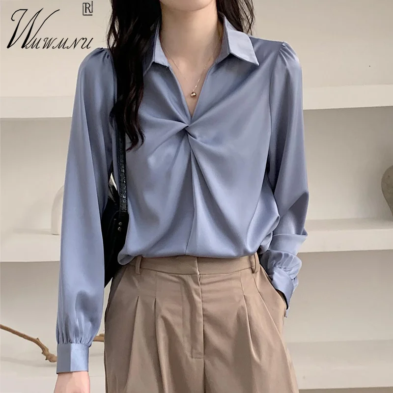 

Chic Design V-Neck Women's Blouses 2023 Spring Thin Chiffon Shirts Korean Fashion Long Sleeve Blusas Mujer Solid Color Tops