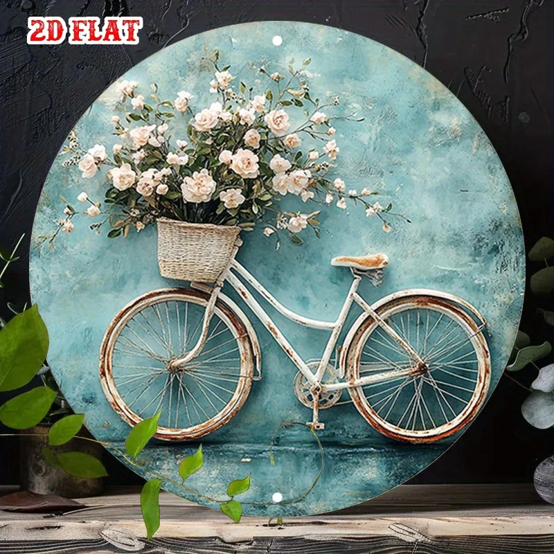 2D flach, 1 Stück Vintage Blumenstrauß Aluminium Metall Blechschild – rustikaler Frühlingszauber, runde Wandkunst, 19,99 x 19,99 cm, skurriler