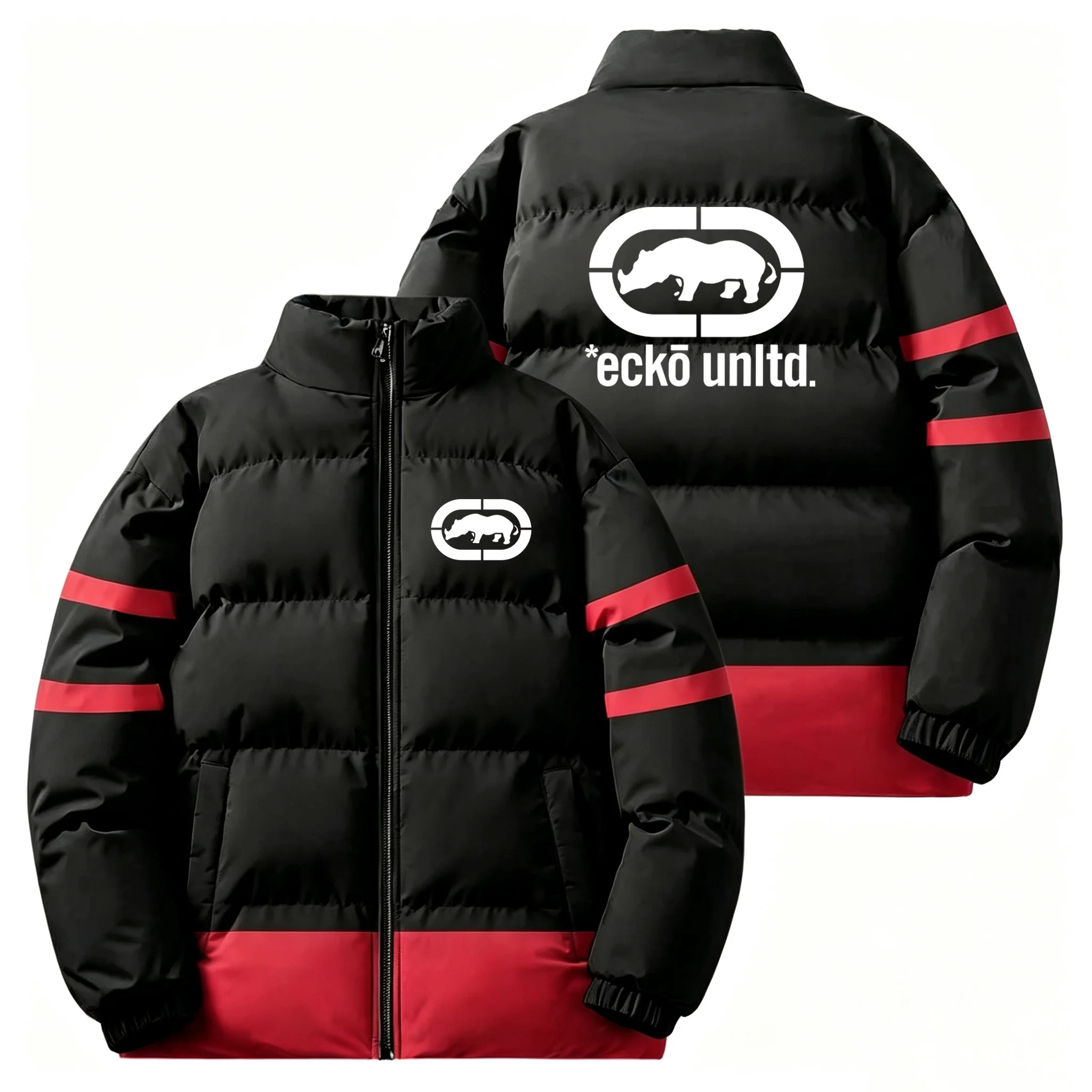 Winter Men Thick Padded Down Jacket Ecko Unltd Rhino Print Stand‑collar Zip Coat Hip‑hop Street Style Loose Warm Outerwear For D