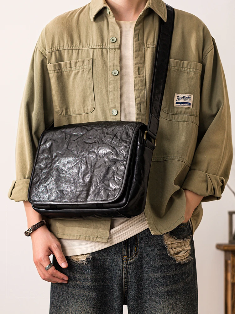 Fashion casual vegetable tanned leather men's large-capacity shoulder bag outdoor daily commuting genuine leather crossbody bags