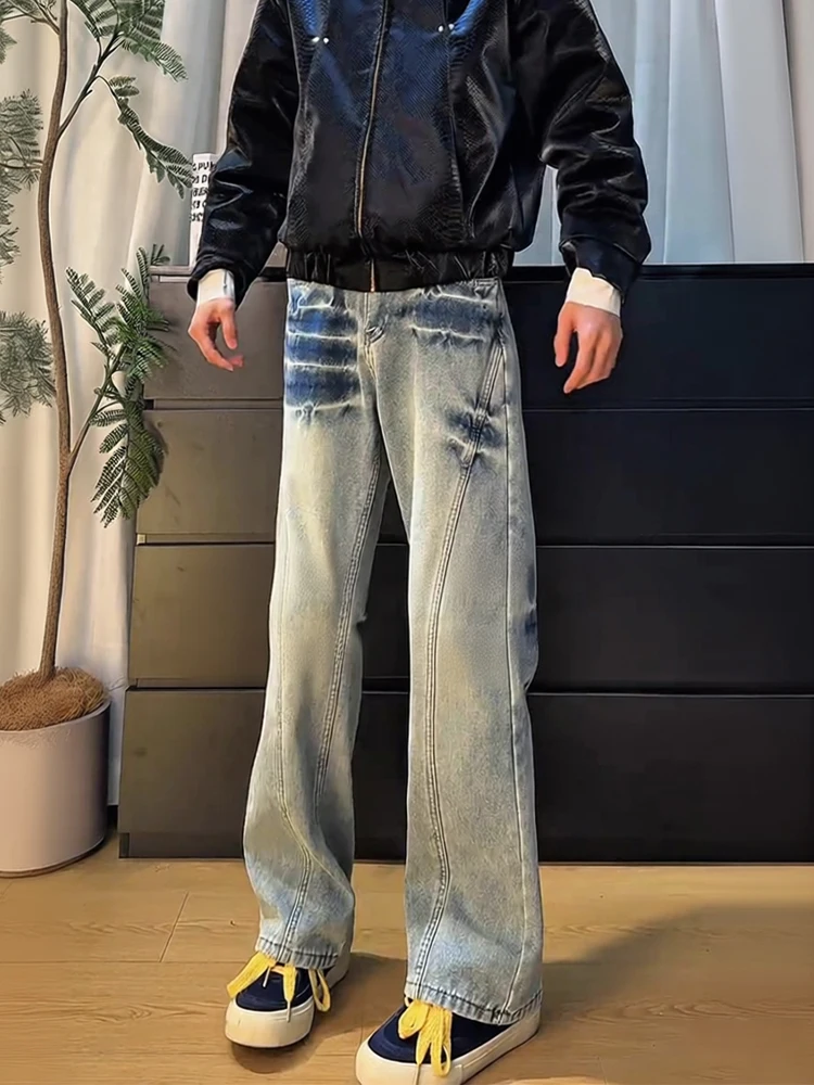 

Blue Fce Lined Lightning Pattern Men's Jeans Slanted Cut Straight Leg Bell Bot Casual Winter Trousers American Sle