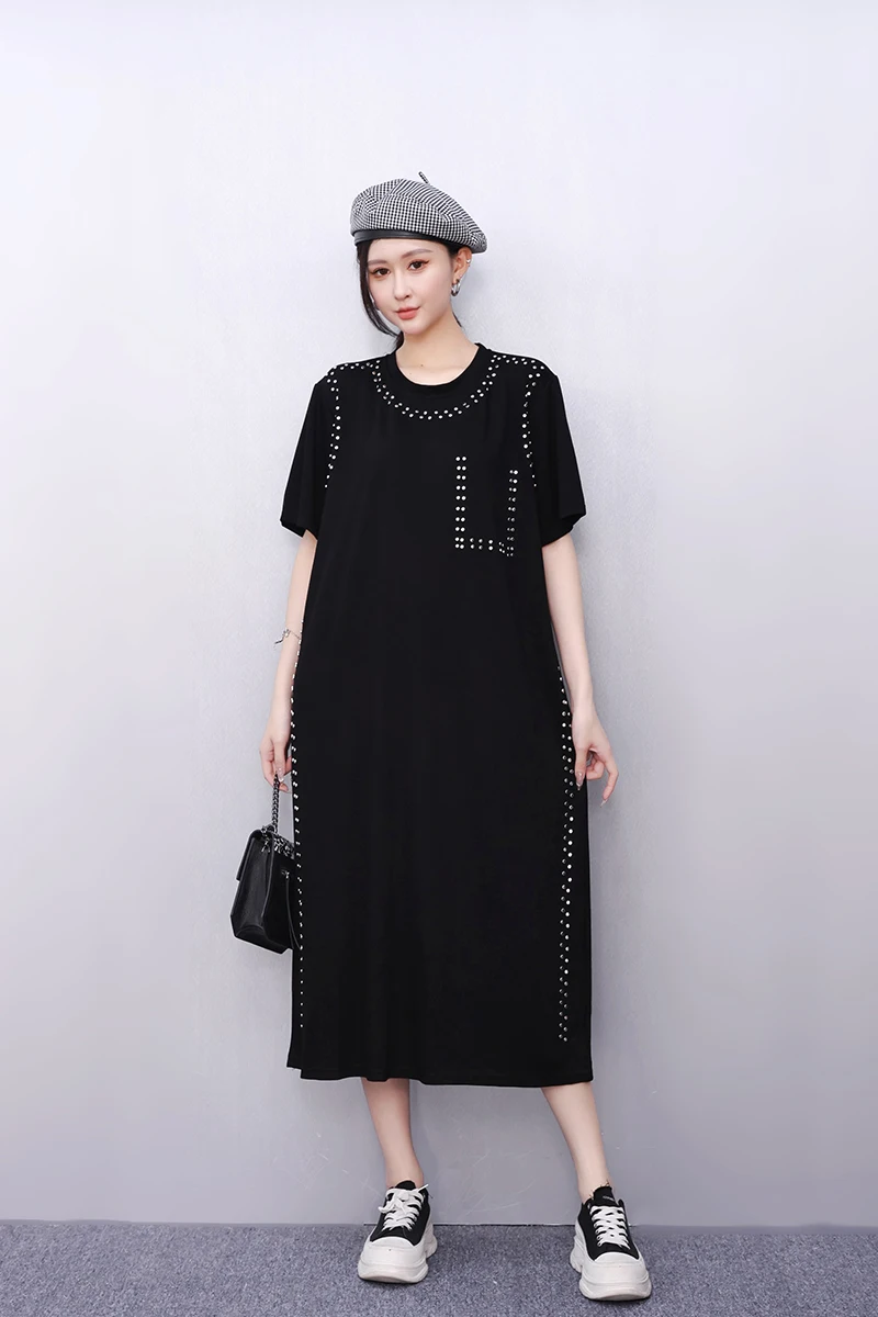 

2025 Summer Fashion Elegant Black Retro O-Neck Loose Long T-shirts Dress Female Wholesale J1088