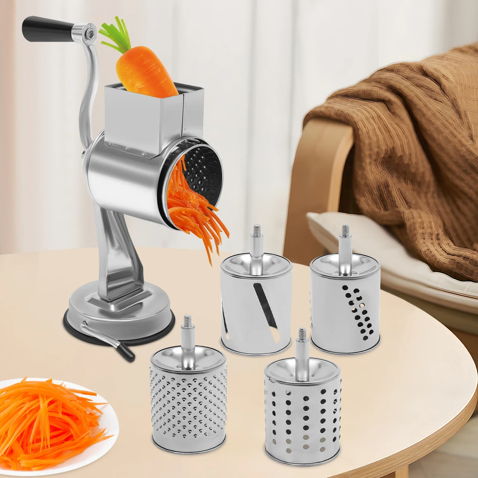 

Stainless Steel Manual Food Grinder - 5 Blades Rotary Drum Slicer for Kitchen, Hand Crank Food Processor for Vegetables, Meat