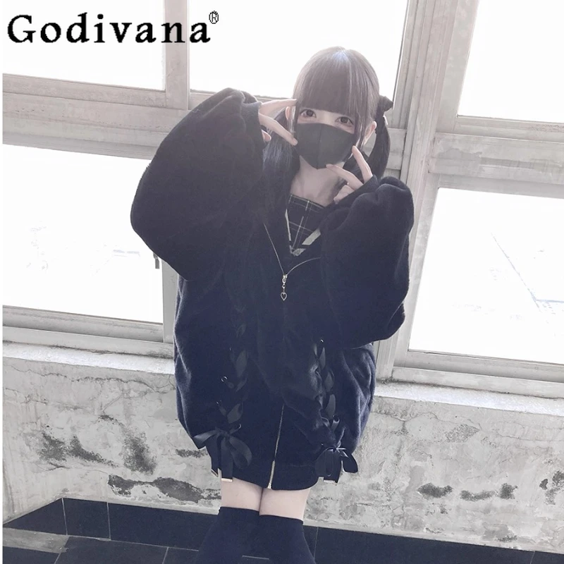 

Winter Plush Jacket Japanese Mass-Produced Black Fur Jacket Girls Subculture Gothic Rabbit Ears Kawaii Faux Fur Coat for Woman