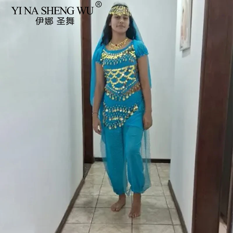Комплект одежды арабской принцессы для взрослых, блестящий наряд для танца живота, женский топ с блестками + брюки, костюмный комплект, женский восточный индийский танец