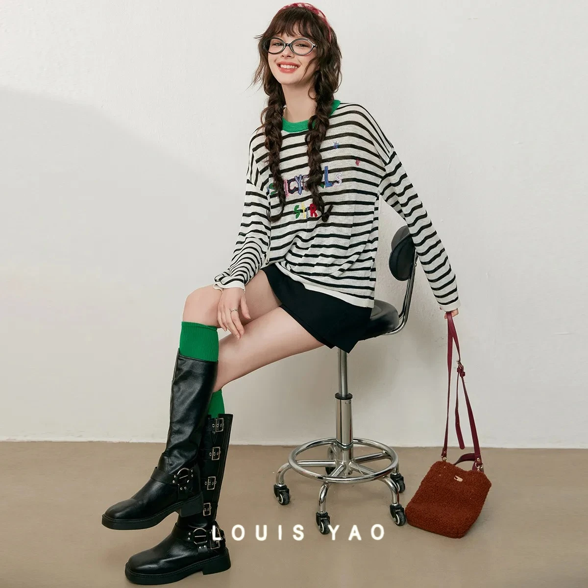 

LOUIS YAO Color Contrasting Striped Long Sleeve Knitted Shirt 2025 Autumn Embroidered Letter Women's Knitted Sweater