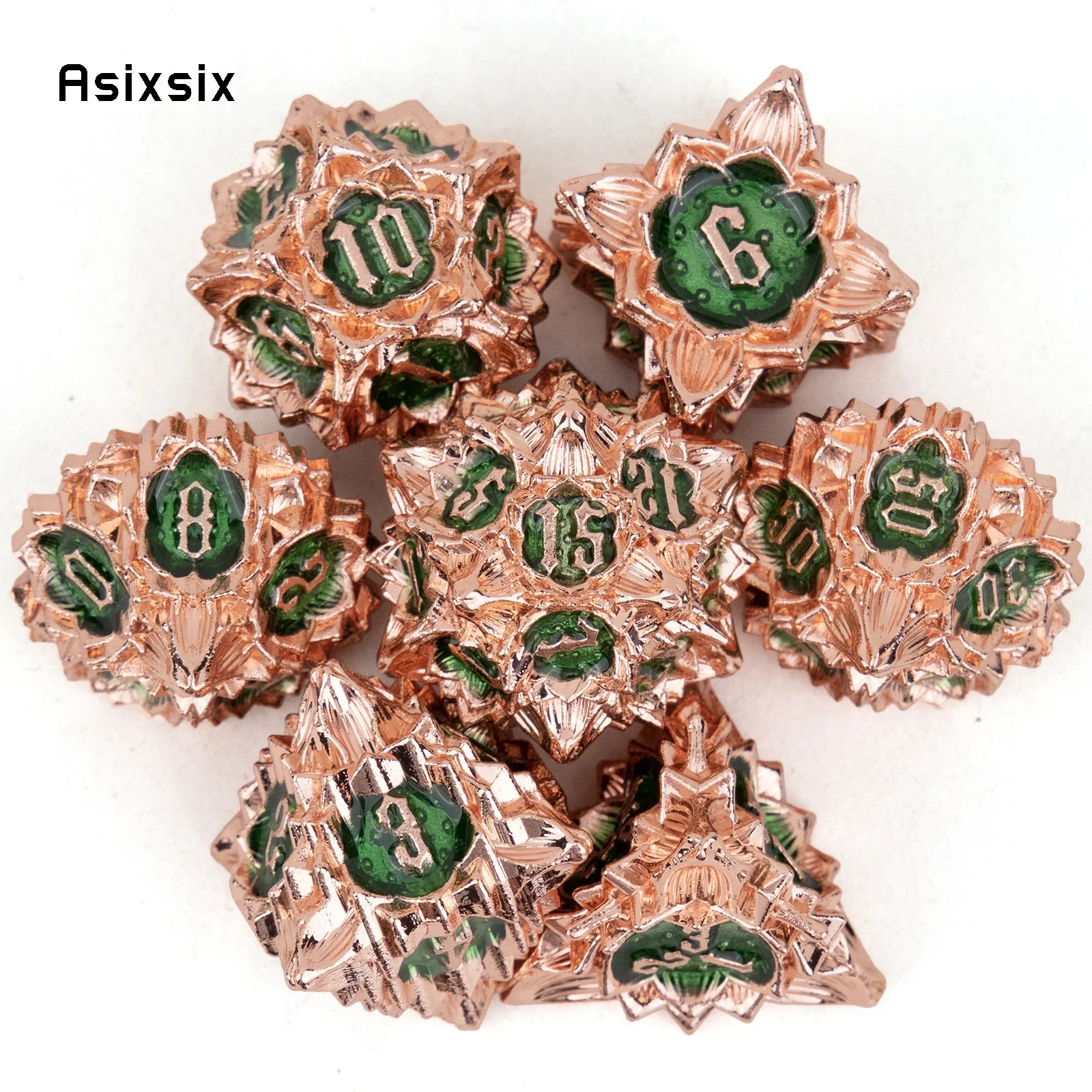 

7 Pcs Golden Green Lotus Flower Metal Dice Solid Metal Polyhedral Dice Set Suitable for Role-Playing RPG Board Game Gift