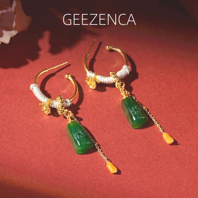 

GEEZENCA Natural Jade Jasper Amber Tassels Long Dangle Earrings For Women Vintage Luxury Gemstone Drop Earring Handmade Jewelry