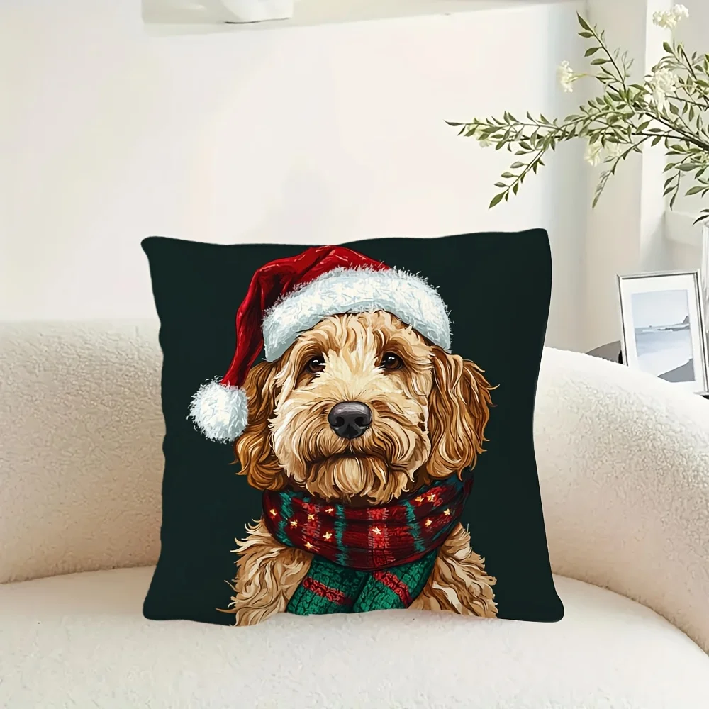 Merry Christmas Golden Doodle Dog Ugly Sweater Pillow Cover - 2D Flat Double-Sided Printing Short Plush | No Pillow Core