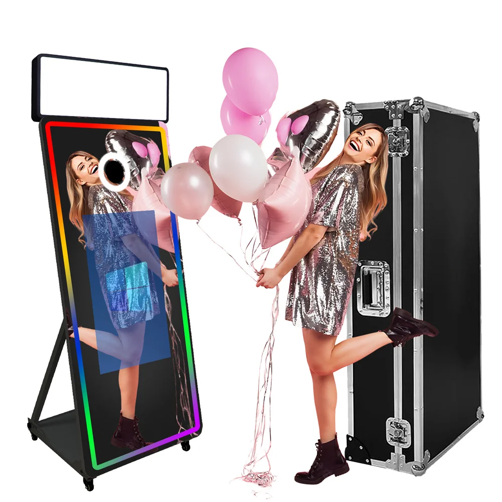 

65'' Magic Mirror Photo Booth 32'' Touch Screen with Square Light and RGB Light Built-in Mini PC Mirror Photobooth for Events