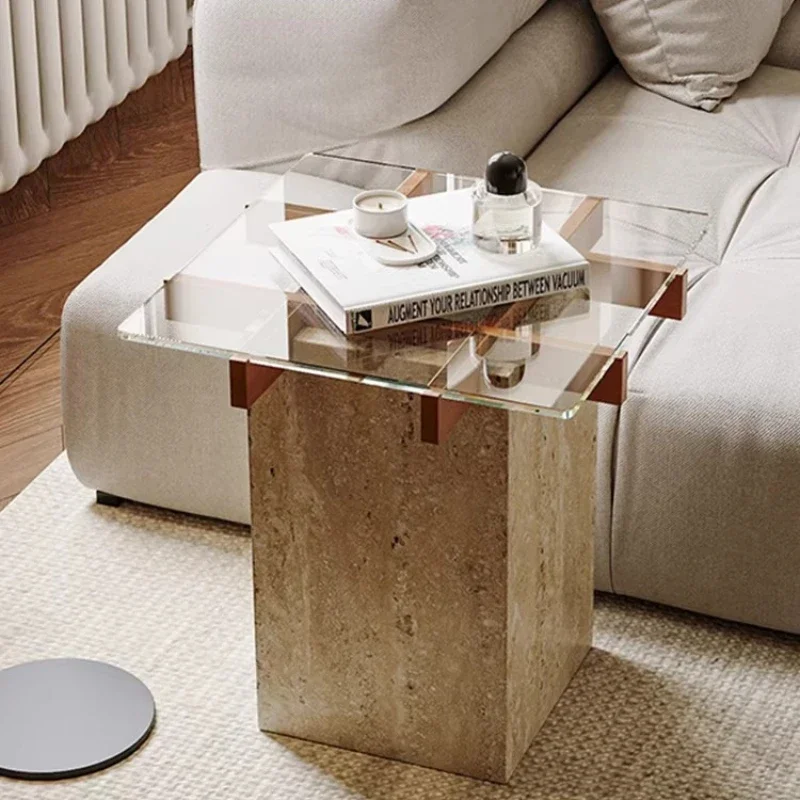 

Wabi Sansan Marble Travertine Side Table Living Room Sofa Side Table Mobile Small Coffee Table Household Creative