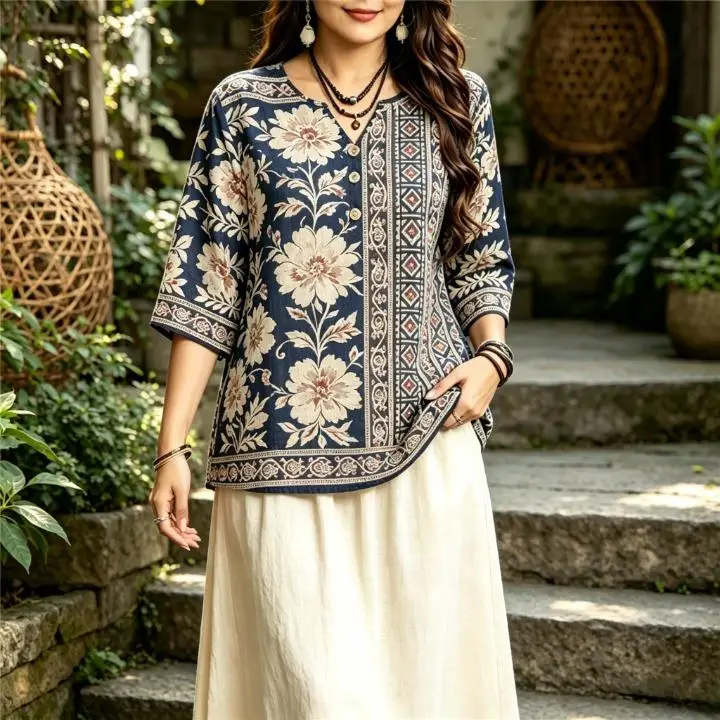 Women Ethnic Floral Border Placement Print Blouse For Curvy Figures Notched Neck 3/4 Sleeve Loose Casual Ladies Tops