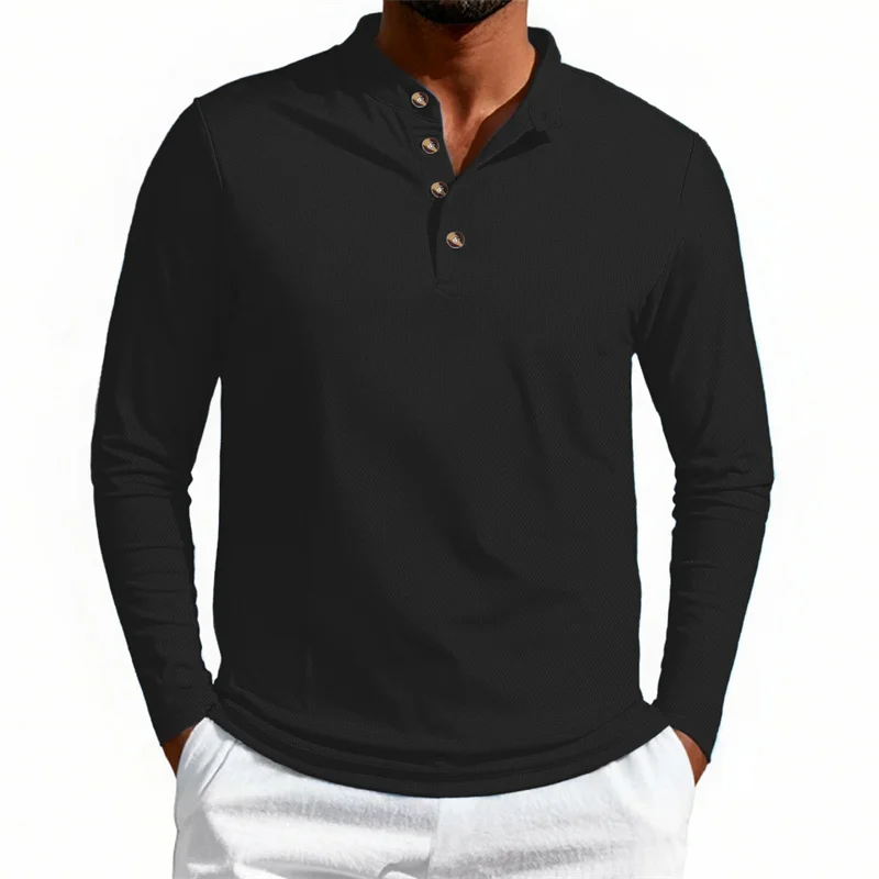 Frühling Herbst Herren Neues Einfarbiges Henry-Kragen T-Shirt Herren Lässiger Atmungsaktiver Pullover Bequemes Langarm-T-Shirt Herren Oberteil