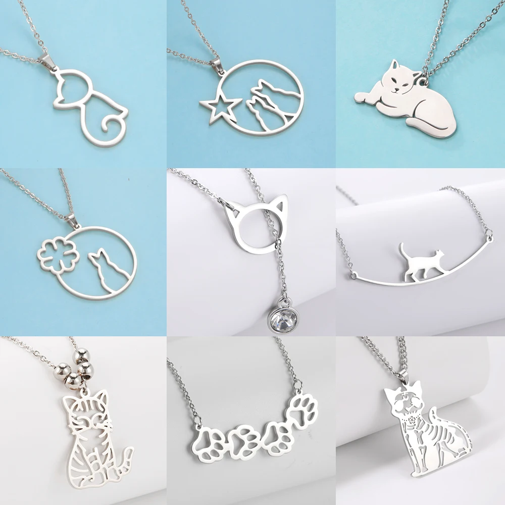 Teamer Cat Pendant Necklace for Women Stainless Steel Jewelry Animal Kitten Choker Women's Neck Chain Gifts 2024 Dropshipping