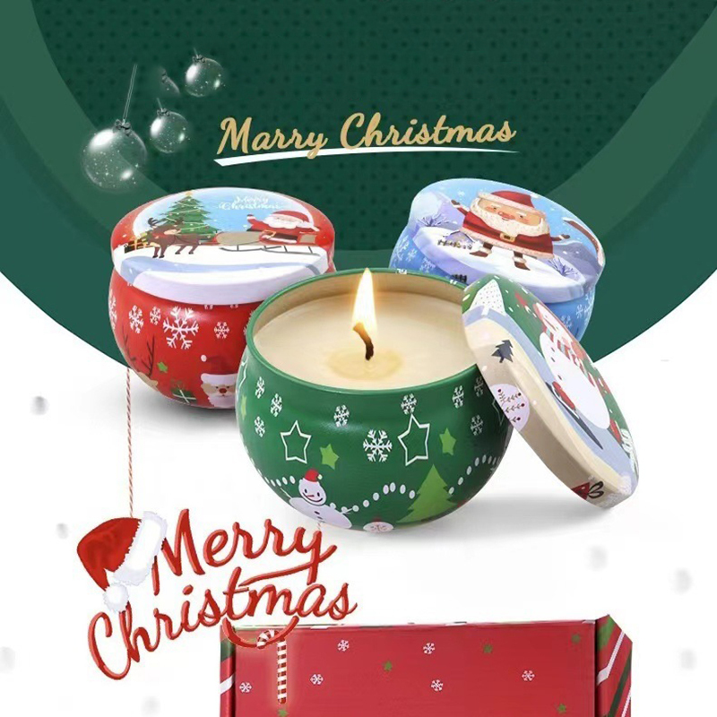  1pc Christmas Candle Jar Candy Flower Tea Gift Box  Aromatherapy Tinplate Box Storage Pot Round Drum Shaped Metal Tin Can 