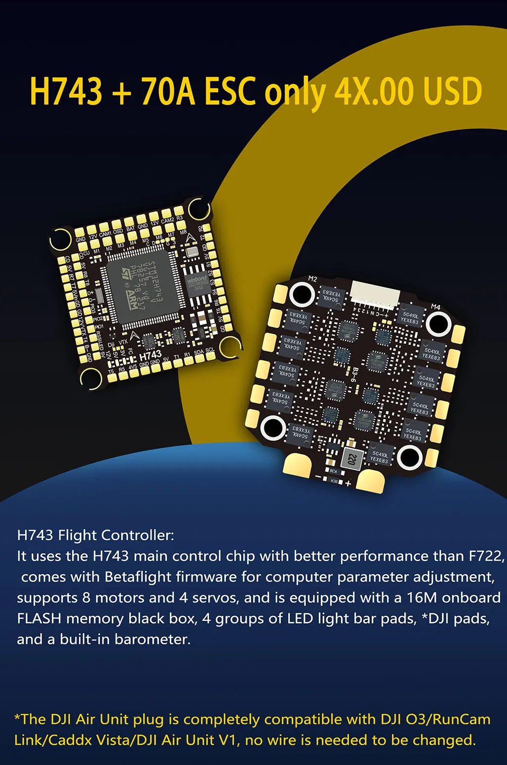 H743 Flugcontroller mit BetaFlight und Ardupilot Unterstützung, FC H743 Stack 12S 70A 4-in-1 ESC für 5-Zoll DJI RC FPV Freestyle Drohne DIY-Teil – Detail 3