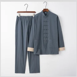 Chinese Style Men Tang Suit Long Sleeve Shirt Trousers Two Piece Set Vintage Mandarin Collar Kung Fu Suit Oversize Loungewear