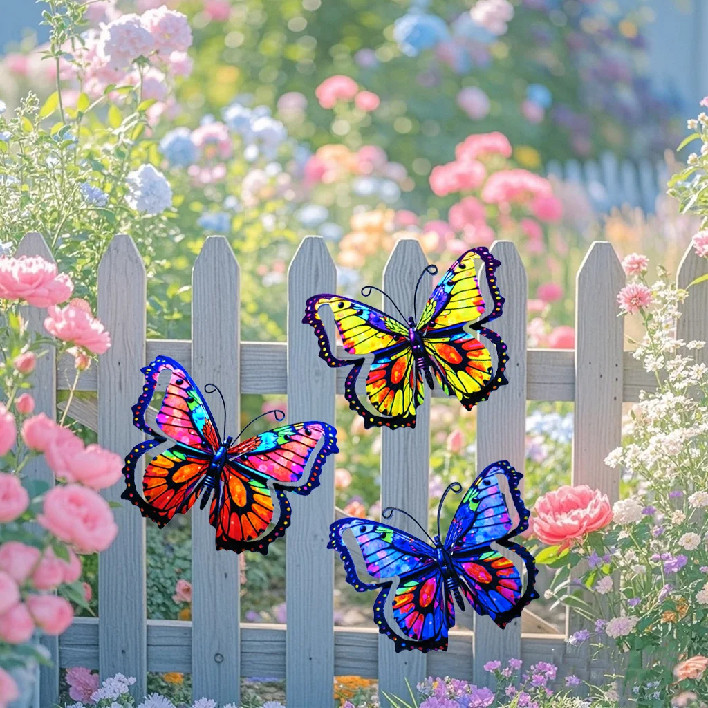 1/3pcs Colorful Metal Butterfly Statue Wall Decor, Suitable for Gardens, Courtyards, and Outdoor Fence Wall Art Decoration