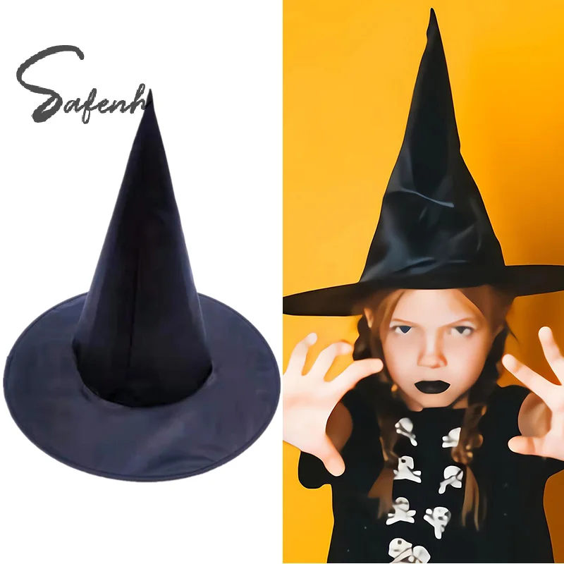 Sombrero de Halloween de tafetán de poliéster negro, accesorios de disfraz de maquillaje, sombrero de bruja mágica, ropa de fiesta de Halloween, 1 piezas