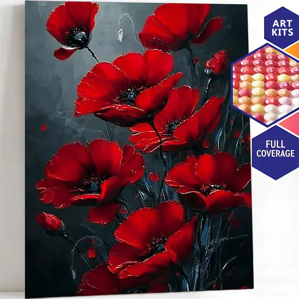AZQSD Diamond Art Kits Mohnblumen-Mosaik-Sets Kunst und Handwerk Einzigartiges Geschenk Diamantmalerei 5D Blumen-Wandkunst-Dekoration