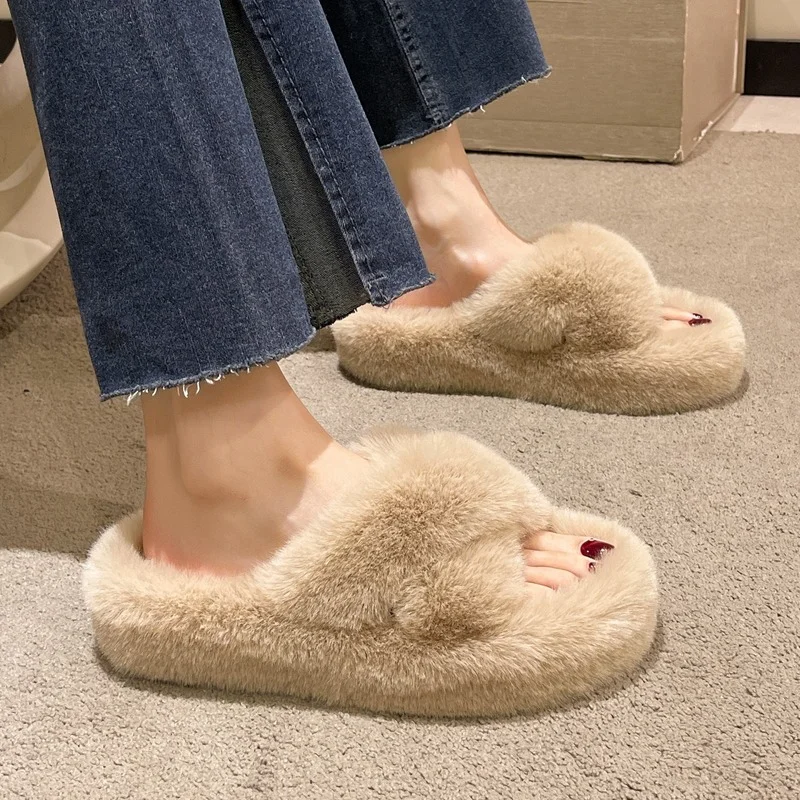 Women's Slippers Autumn Winter Wool Warm Women Shoes Outdoor Leisure Furry Slides Woman Fashion Flat Non-slip Ladies Slippers 41