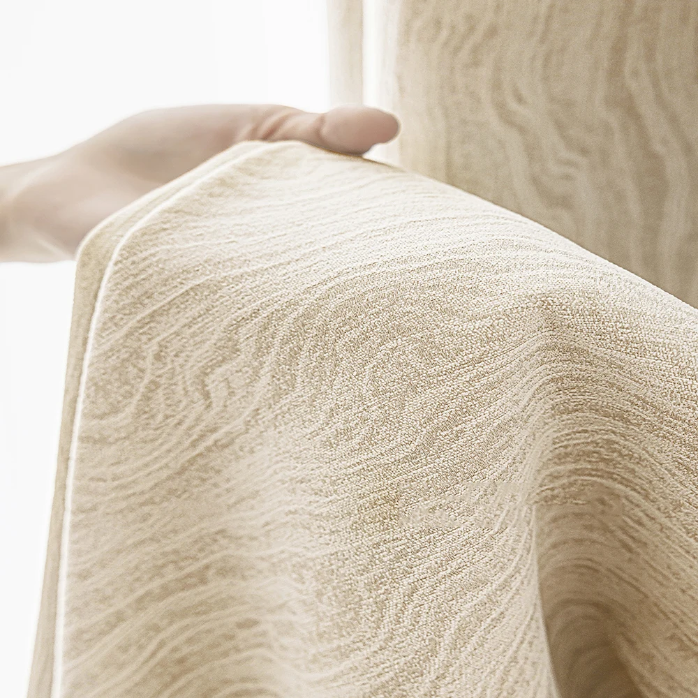 

French Chenille Beige Blackout Curtains,Wave Texture Noise Reduction Soundproof Curtains for Luxury Living Room Flat Windows