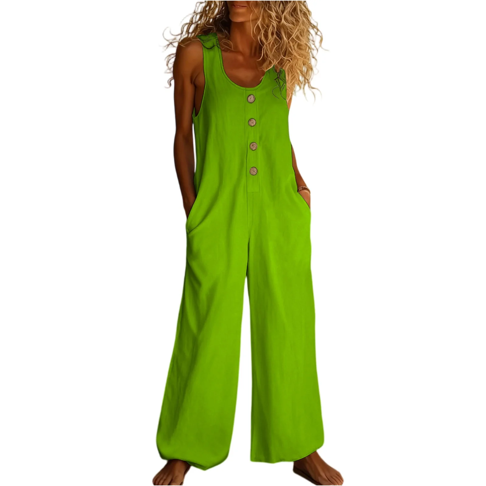 민소매 루즈핏 포켓 오버올 여성용 롱 솔리드 컬러 점프수트 아웃도어 캐주얼 점프수트 여성용 오버올