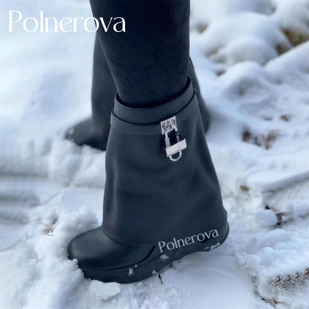 Classic Shark Booties Metal Lock Zip Boots Faux Pebbled Leather Boots Designer Style Luxury Ankle Boots for Women Warm Snow Boot