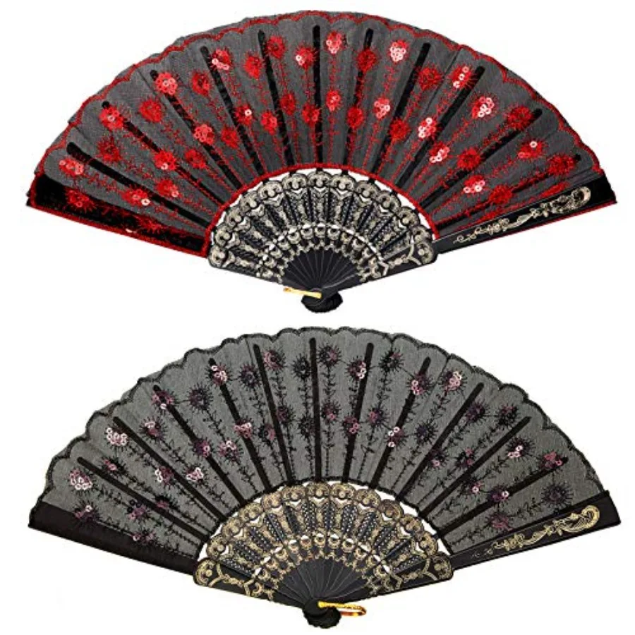 2 Abanicos Españoles de Encaje, Abanico Plegable Chino para Mujer, Disfraz de Baile de los Años 20, Regalo de Flamenco Español con Bordado
