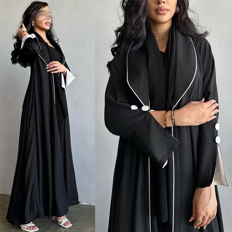 Modest Abaya with Lapel Collar for Women, Monochrome, Long Sleeve, Elegant Muslim Robe, Islamic Clothing, Ramadan Caftan, MQ081