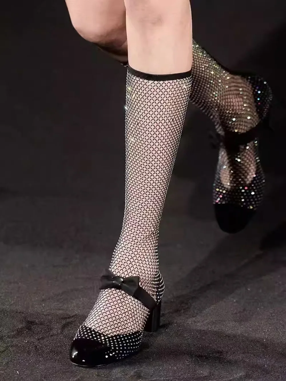 

Sexy Hollow Design Black Crystal Mesh Round-Toe Boots Bow Detail Block Heel Patent Cap Toe Fashion Style Elegant Lady Boots