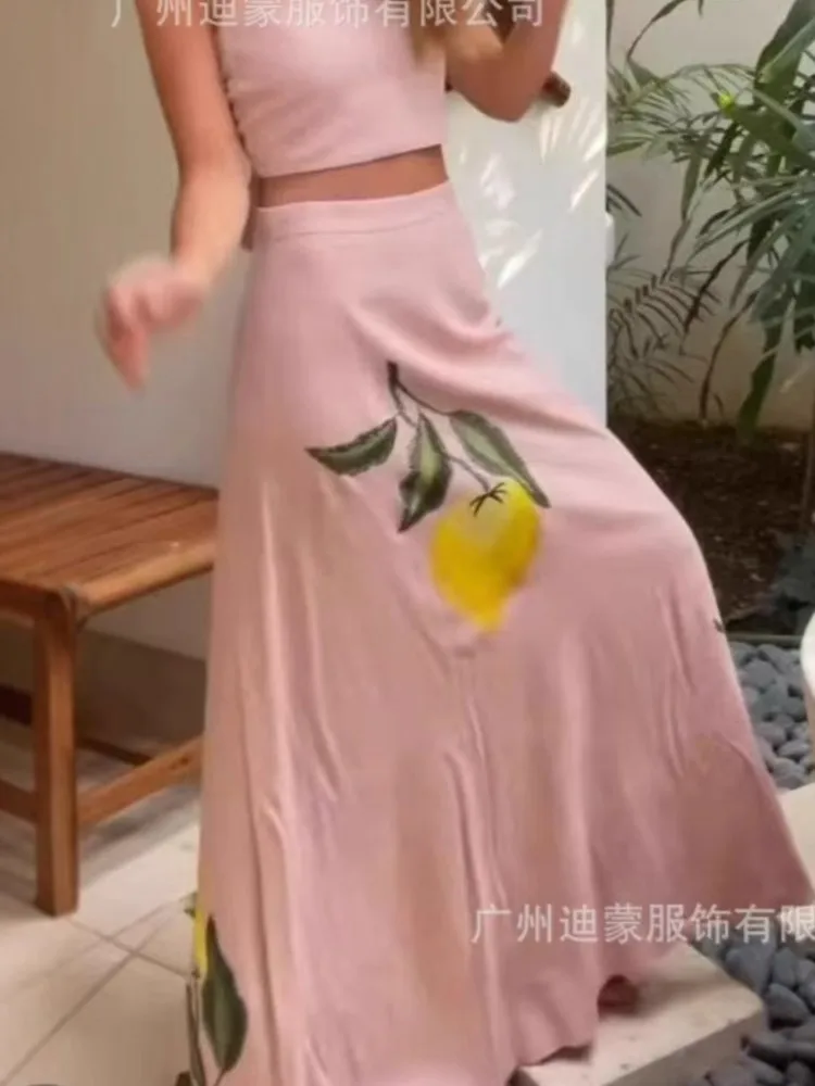 Fresh Embroidery Skirt Two Piece Set Women Sleeveless Backless Leace-up Cropped Top High Waist A-line Skirts 2 Piece Sets Female